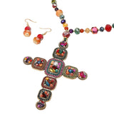 Stone Pearl Embellished Cluster Cross Pendant Faceted Beaded Long Necklace
