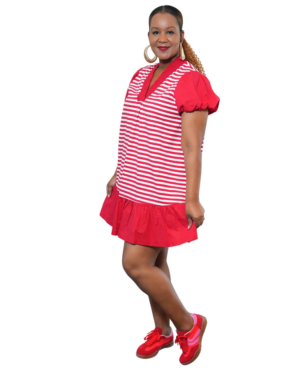 Red Striped Puff Sleeve Dress
