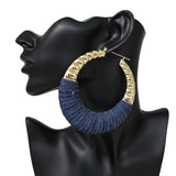 Bold Textured Denim Fabric Wrapped Pin Catch Statement Hoop Earrings