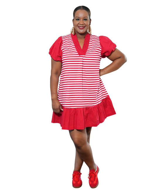 Red Striped Puff Sleeve Dress