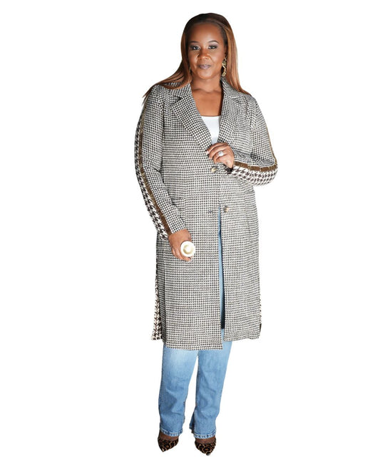 Tape Trim Detail Houndstooth Coatigan