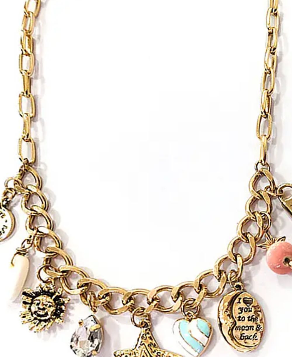 Vintage Charm Dangle Necklace - Moon Star Sun