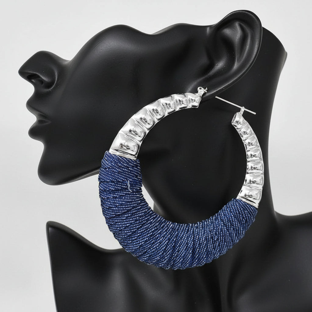 Bold Textured Denim Fabric Wrapped Pin Catch Statement Hoop Earrings
