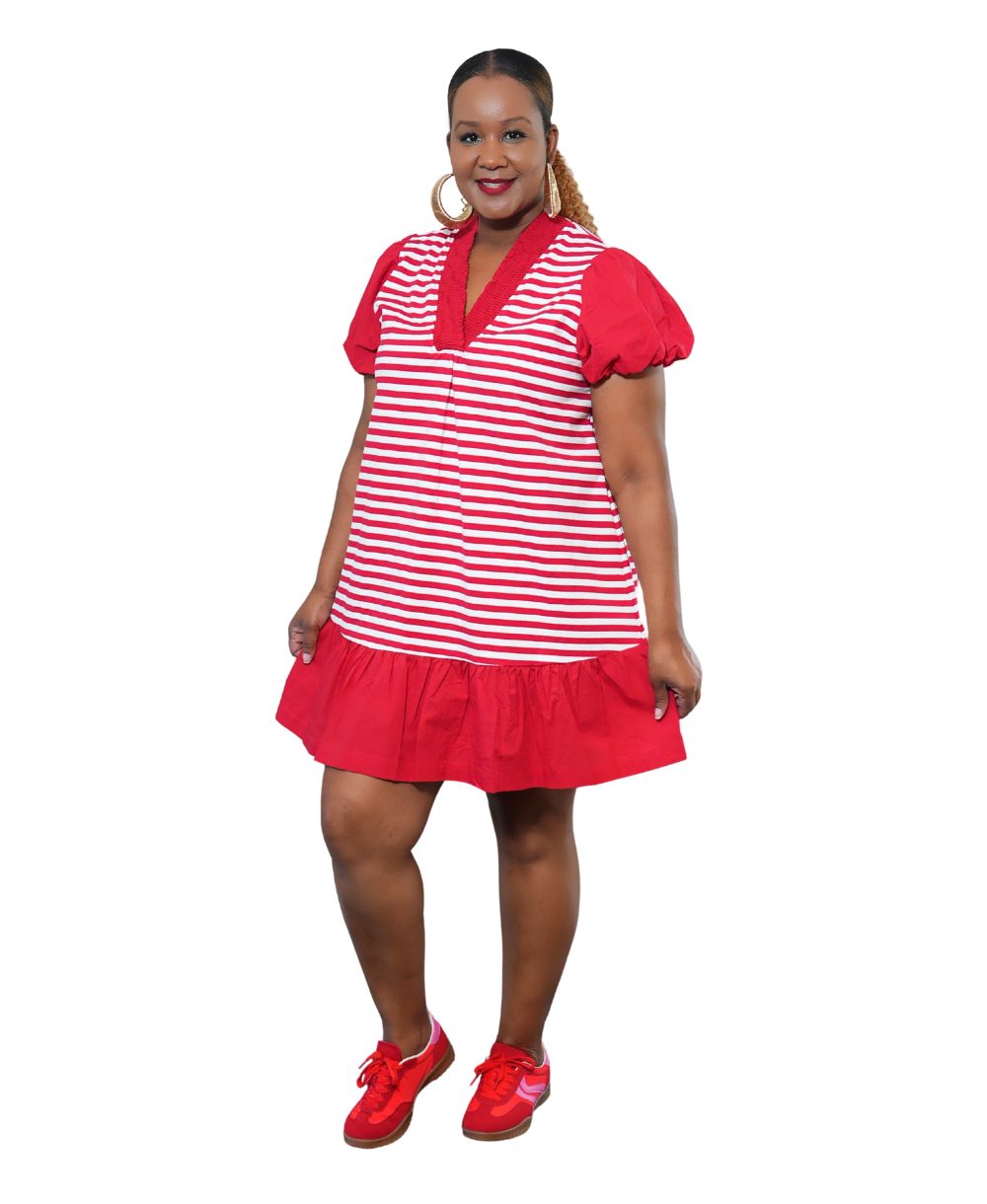 Red Striped Puff Sleeve Dress