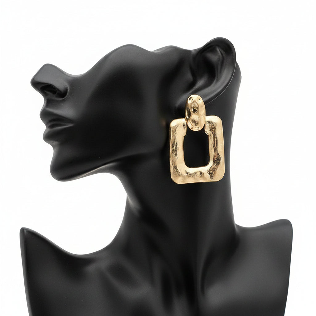 Hammered Metal Sculpted Square Door Knocker Statement Earrings