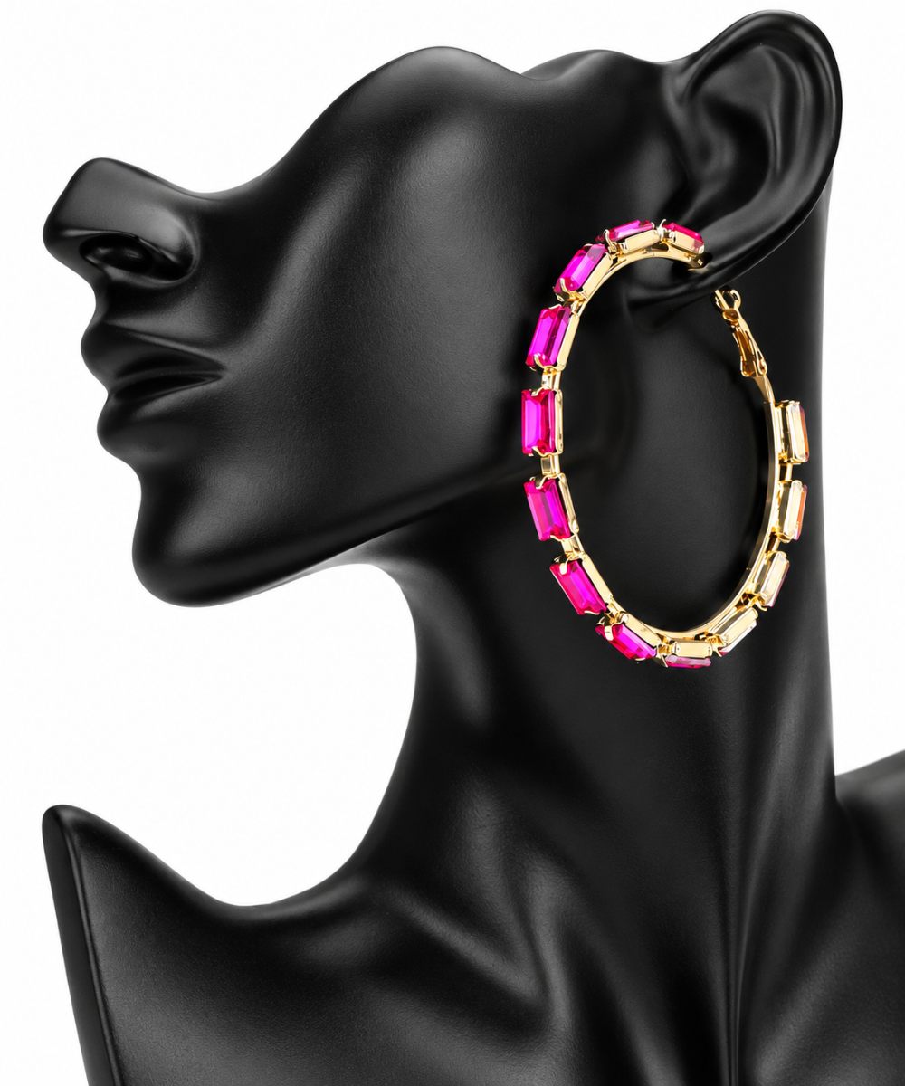 Glass Stone Evening Hoop Earrings