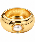 Oval Pearl Accent Chunky Metal Dome Hinged Bangle Bracelet