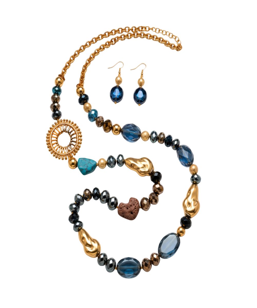 Blue and Gold Embellished Long Necklace
