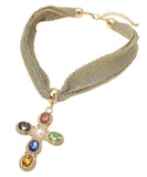 Embellished Cross Mesh Pendant Statement Necklace