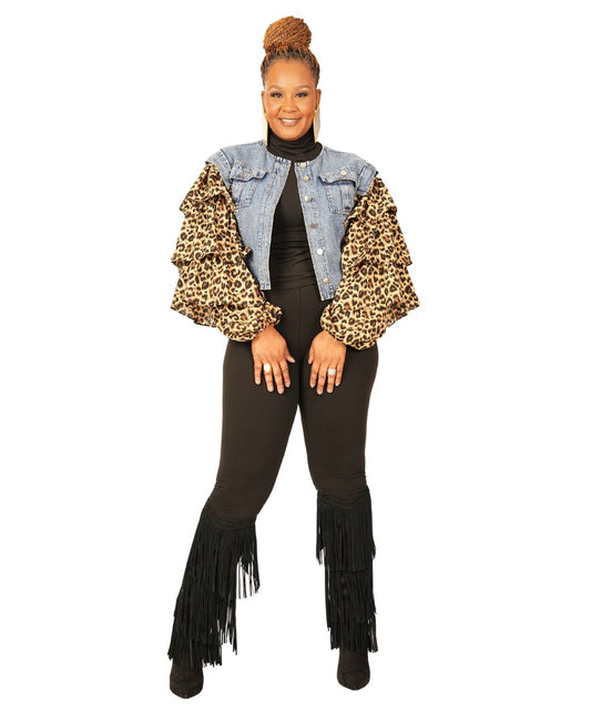 Ruffled Leopard Denim Jacket