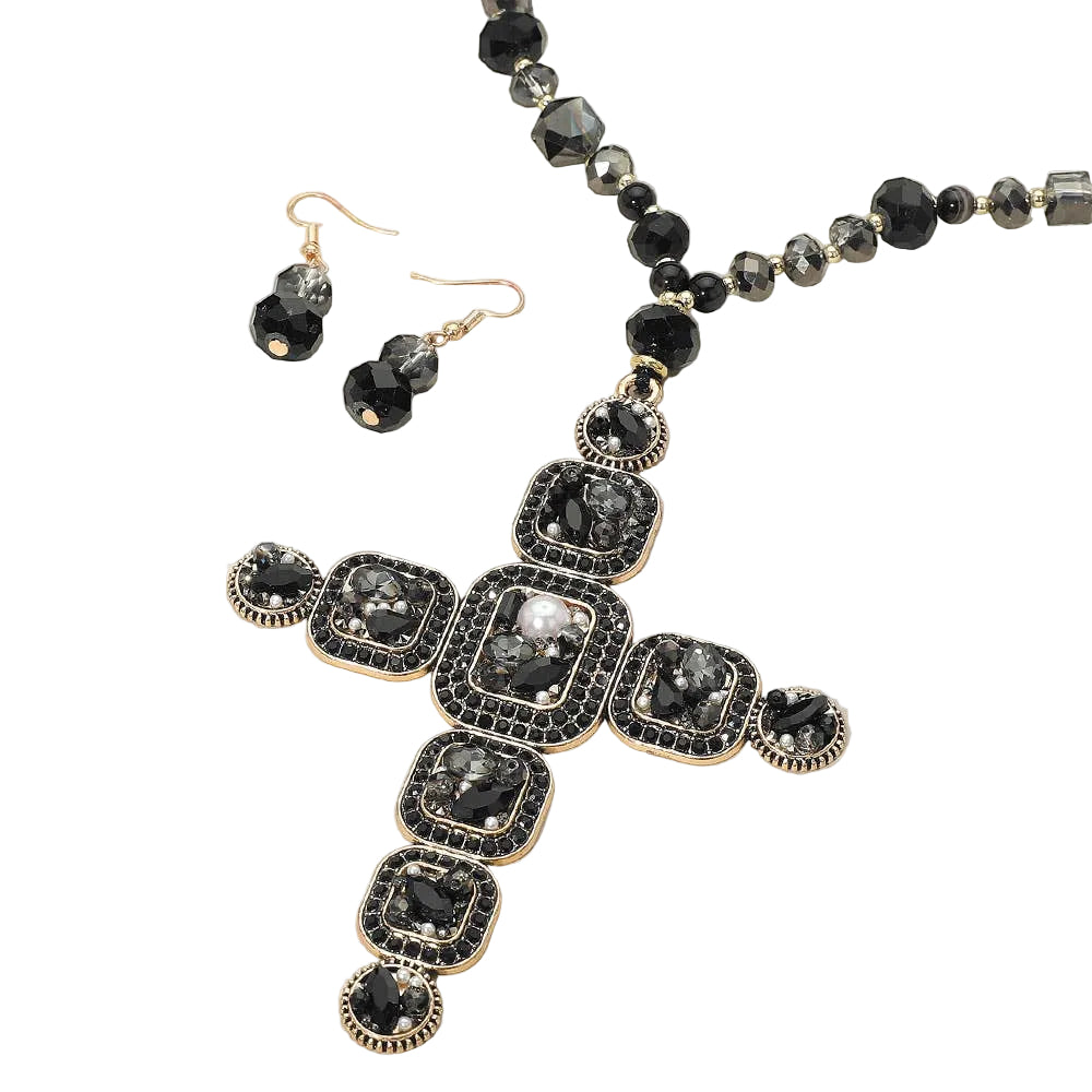 Stone Pearl Embellished Cluster Cross Pendant Faceted Beaded Long Necklace